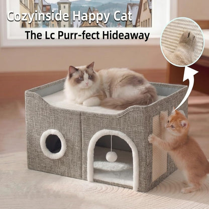 Eolahalcy Cat Beds for Indoor Cats - Large Cat Cave for Pet Cat House with Fluffy Ball Hanging and Scratch Pad, Foldable Cat Houses for Large Indoor Cats,Cat Hideaway, 23.8X15.9X13.2 Inches, Grey4