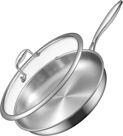 12 Inch Tri-Ply Stainless Steel Frying Pan, Compatible with All Cooktops up to 600℉, Large Frying Pan with Lids, Induction-Ready Skillet, Dishwasher and Oven Safe, Even Heat, 12" Skillet + Lid1
