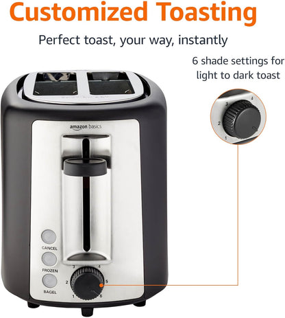 2 Slice Toaster, Extra Wide Slots for Bagels, 6 Browning Settings, Removable Crumb Tray, Defrost/Cancel/Bagel Buttons, Cord Wrap, 900W, Black & Silver2