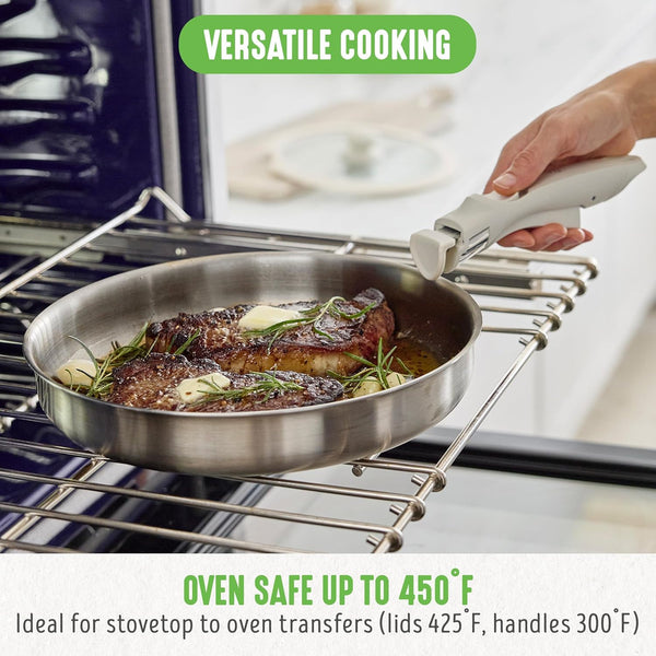 10 Piece Stainless Steel Pots and Pans, Detachable & Stackable Kitchen Set, Tri Ply Clad PFAS Free Cookware, Space Saving with Removable Handle, Induction & Oven Safe, RV Cookware, Glass Lid7