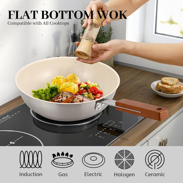 Ceramic Wok with Lid, 9.5 Inch Stainless Steel Nonstick Stir Fry Pan with Wooden Handle, Compatible with All Stovetops, PFAS Free4