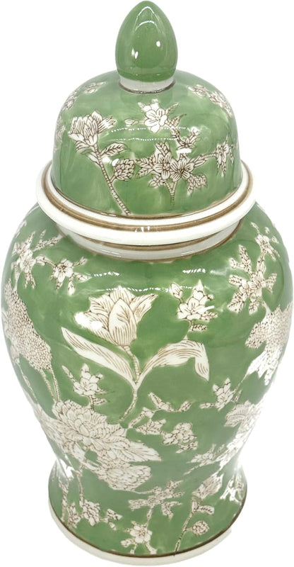 14" Green & White Floral Ceramic Porcelain Ginger Jar Floral Home Décor Jar Urn Shape Vase2