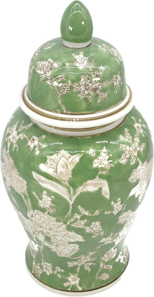 14" Green & White Floral Ceramic Porcelain Ginger Jar Floral Home Décor Jar Urn Shape Vase2