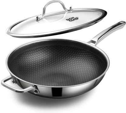 Wok Pan,Hybrid 13 Inch Wok with Lid, PFOA Free Cookware,Non Stick Stainless Steel Woks & Stir-Fry Pans Nonstick, Dishwasher and Oven Safe, Works on Induction1