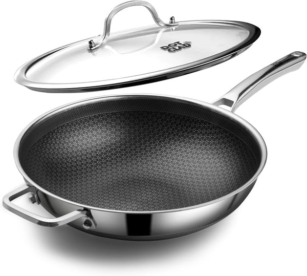 Wok Pan,Hybrid 12 Inch Wok with Lid, PFOA Free Cookware,Non Stick Stainless Steel Woks & Stir-Fry Pans Nonstick, Dishwasher and Oven Safe, Works on Induction1