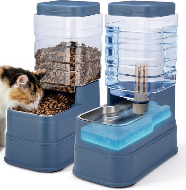 2 Pack Automatic Cat Feeder and Water Dispenser 1.3Gallon Dog Gravity Food Feeder and Water with Ice Pack Stainless Steel Dry Food and Waterer Bowl for Small Medium Large Pets (Blue)1