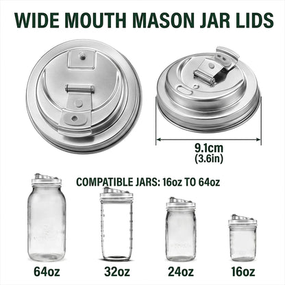 2 Pack Reusable Mason Jar Drinking Coffee Lids, Wide Mouth | SUS 304 Stainless Steel, Mason Jar Lids, Pour Spout, Metal Leak Proof Flip Caps, Iced, Smoothies & Cold Brew, Dishwasher3