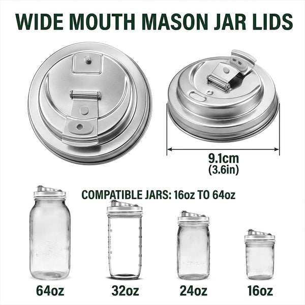 2 Pack Reusable Mason Jar Drinking Coffee Lids, Wide Mouth | SUS 304 Stainless Steel, Mason Jar Lids, Pour Spout, Metal Leak Proof Flip Caps, Iced, Smoothies & Cold Brew, Dishwasher3