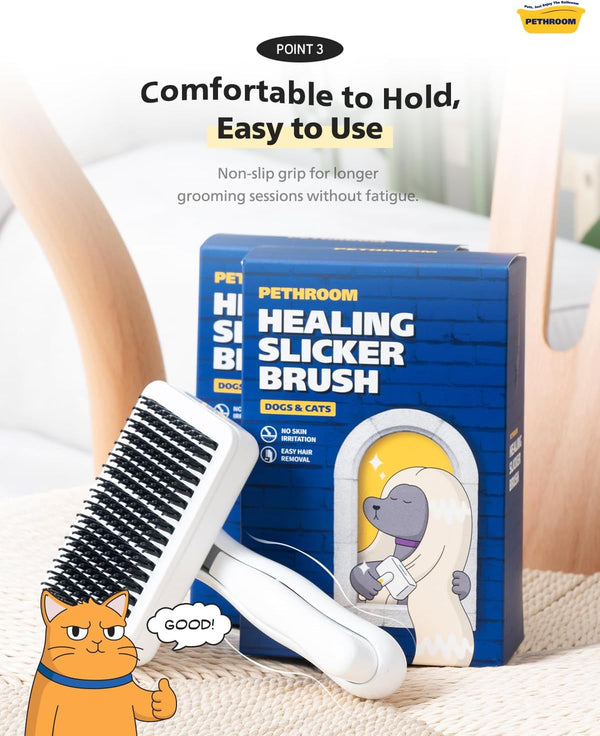 PETHROOM Self-Cleaning Slicker Brush for Dogs & Cats – Gentle Grooming & Deshedding Tool, Removes Mats & Tangles, Skin-Friendly Coated Tips, One-Touch Hair Removal Button7
