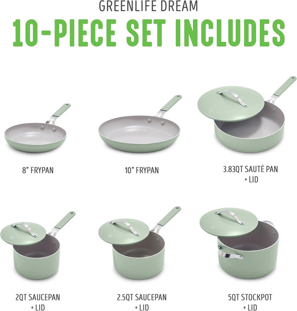 10-Piece Nonstick Ceramic Cookware Set, Lightweight Healthy Pfas-Free Pots & Pans with Lids, Dishwasher & Oven Safe, Durable Body, Silicone Stay-Cool Handles, Easy Release, Sage Green3