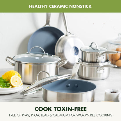 Treviso 10 Piece Cookware Set, Non-Toxic Pfas-Free Stainless Steel Ceramic Nonstick Coating, Induction Suitable, Pots, Pans Lids, Sauté & Saucepans, Multi Clad, Dishwasher & Oven Safe2