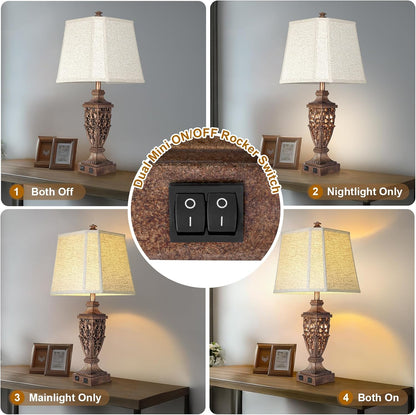 Vintage Resin Table Lamps with Night Light for Bedroom Living Room | 28.5" Tall, Night Light, Farmhouse Table Lamps Set of 2 with USB A+C Charging Ports, Linen Shade, Bulb Included, Bedside Lamp3