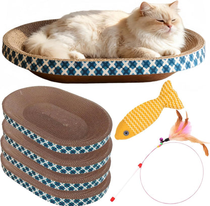 Cat Scratcher Bed with Toys, 4 Pack Oval Cat Scratcher Cardboard, Indoor Cat Scratch Bowl, Large Pad Cat Scratching Board with Catnip Fish Toy & Feather Wand for Furniture Protector L(17.5"X12.6"X3")1