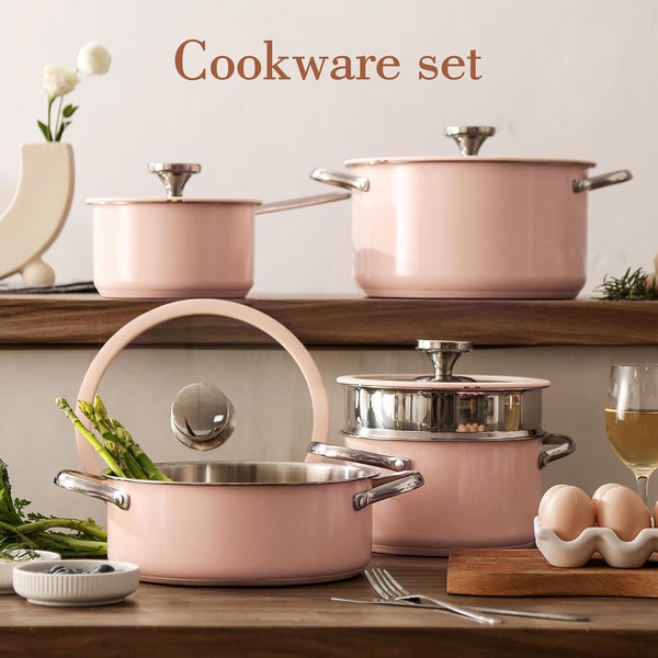 9Pcs Stainless Steel Cookware Set for Family Kitchen, 304 Grade, Ceramic Coated Exterior, Induction Compatible Pots and Pans with Glass Lids, Non-Toxic & Easy to Clean,Pink7