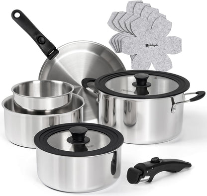 14Pcs Tri-Ply Stainless Steel Cookware Set with Detachable Handles, Stackable Pots and Pans Set for Rvs, Small Kitchens & Apartments, Induction Compatible, Oven Safe, No Coating & No PFAS1