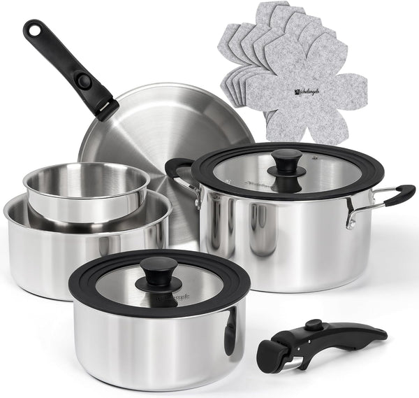 14Pcs Tri-Ply Stainless Steel Cookware Set with Detachable Handles, Stackable Pots and Pans Set for Rvs, Small Kitchens & Apartments, Induction Compatible, Oven Safe, No Coating & No PFAS1
