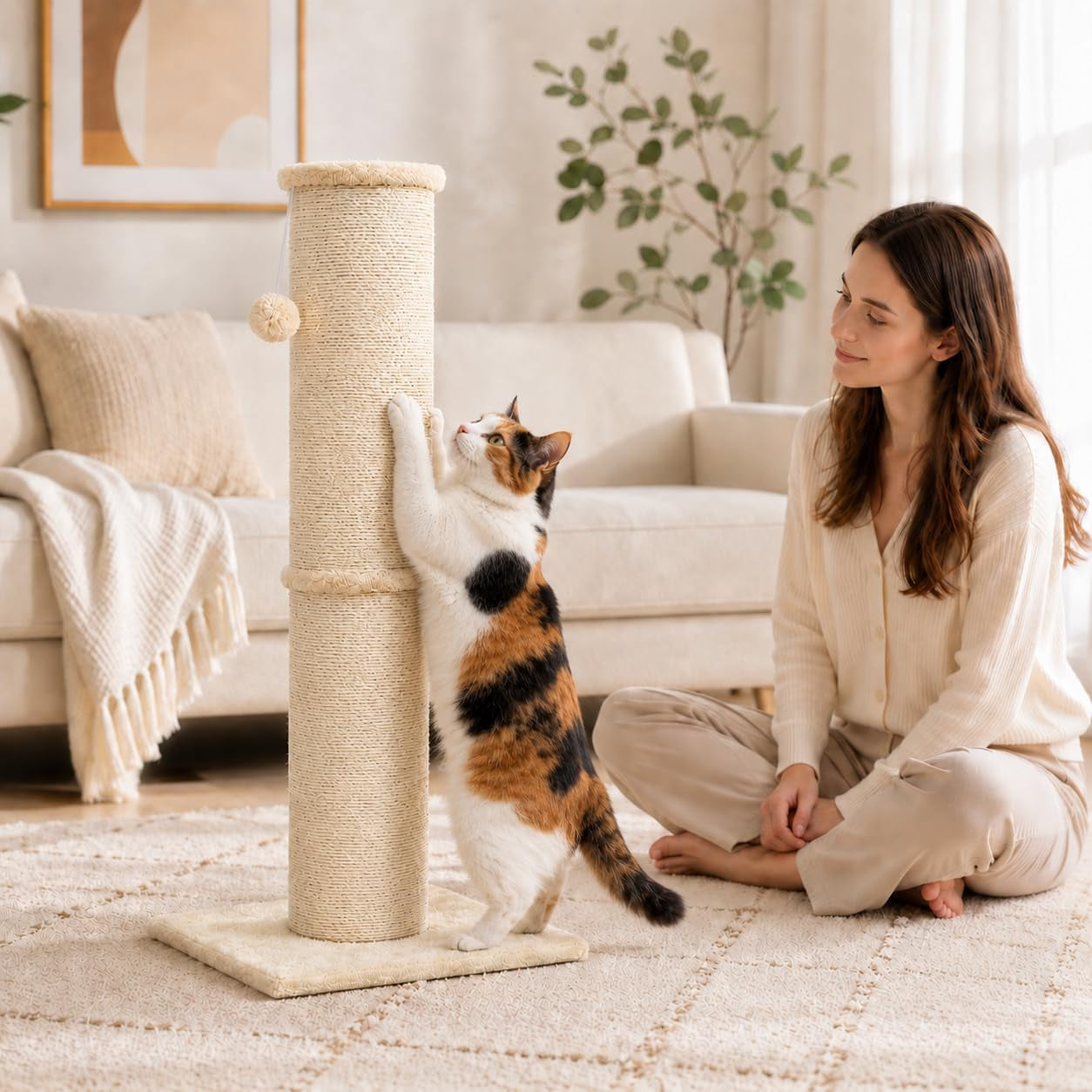 pawscrat-32-inch-tall-cat-scratching-post-5-5-inch-diameter-sisal-beige-natural-sisal-scratching-surface-with-a-dangling-ball-for-indoor-cats-scratch-resistant-durable-and-protect-your-furniture