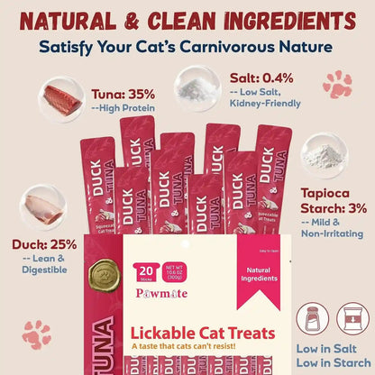 Pawmate Lickable Tuna & Duck Cat Treats, High Moisture Wet Cat Squeeze | Urinary Health & Hydration, Creamy Cat Puree for Kittens & Adult Cats, Grain-Free, 20 Tubes X 15G2
