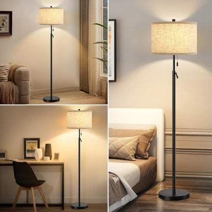 Black Floor Lamp, Height Adjustable Standing Lamp Tall Lamp with Fabric Lampshade&Pull Chain Corner Floor Lamps for Living Room, Bedroom & Office Bulbs Not Included(Black Base)4