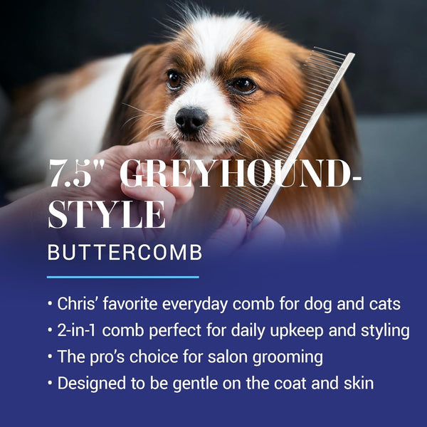 Chris Christensen 000 7.5 In. Greyhound Style Fine/Coarse Colored Butter Comb, Groom like a Professional, Rounded Corners Prevent Friction and Breakage, Solid Brass with Steel Teeth, Chrome Finish2