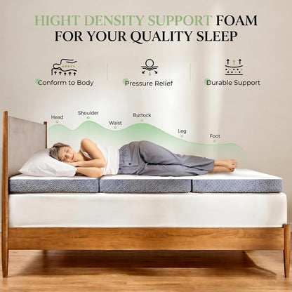 Single Tri-Folding Mattress Topper - 4 Inch Medium Firm Portable Foldable Mattress with Washable Cover & Non-Slip Base - Ideal for Camping, RV, and Guests,White2