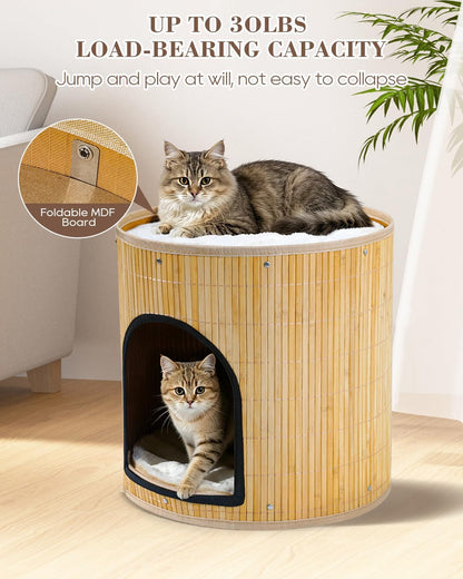 SYANDLVY Large Cat House, Kitten Condo with Bed for Indoor Cats, Portable ﻿ | 2-Tier Foldable Natural Bamboo Cave with Double-Sided Cushion, 15.5"X15.7" Washable Kitten Hideout4