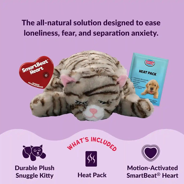 Snuggle Kitty Heartbeat Cat Toy for Kittens and Cats with Real-Feel Pulse and Heat Pack, Calming Sleep Aid for Cat Anxiety, New Kitten Essentials - Tan Tiger3
