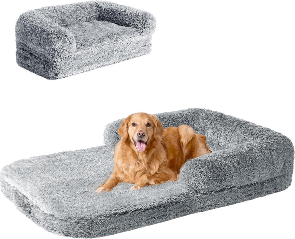 EHEYCIGA Foldable XXL Dog Bed Memory Foam-46X34X6.5", Fluffy Cover, Grey1