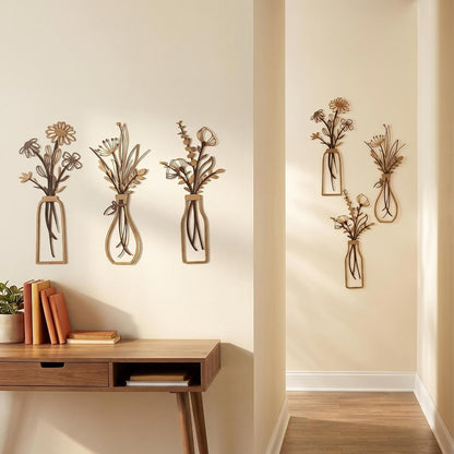 3Pcs Brown Metal Flower Vase Wall Art Botanical Iron Farmhouse Decor | 3-Piece Brown Metal Flower Vase Wall Art, Rustic Botanical Iron Sculpture, Easy to Hang for Farmhouse Living Room Decor4