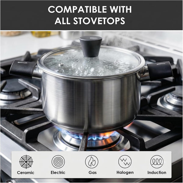 Stainless Steel Pots and Pans Set, 6-Piece Non Toxic Cookware Set with Glass Lids, Saucepan, Stockpot & Sauté Pan, Induction Compatible, Dishwasher Safe, Even Heating Kitchen Cooking Set4