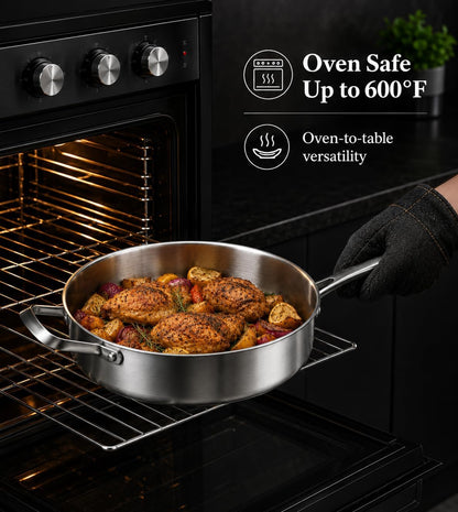 8 Quart Saute Pan with Lid,Tri-Ply Stainless Steel Deep Frying Pan,13.5Inch Large Skillet,Induction Compatible Cookware,Pfoa & PFOS Free,Oven & Dishwasher Safe5