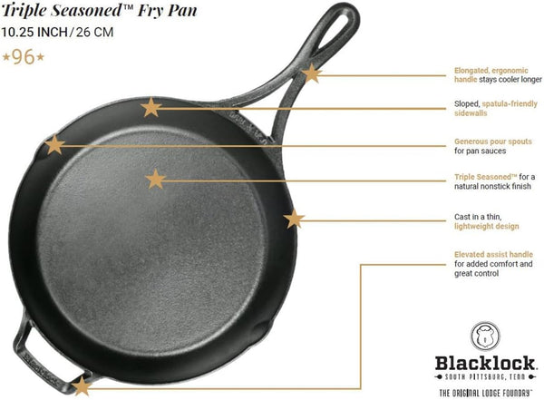 Blacklock 10.25" Triple Seasoned Cast Iron Skillet - Lightweight - Easy Cleanup - Premium Cookware10