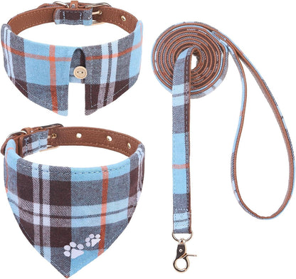 EXPAWLORER Puppy Collar and Leash Set - Embroidery Pawprints Plaid Dog Collar and Dog Leash Set, Bow Tie and Bandana Dog Collar with Bell, Cute Collar and Leash for Dogs Cats Outdoor Walking, Blue S17