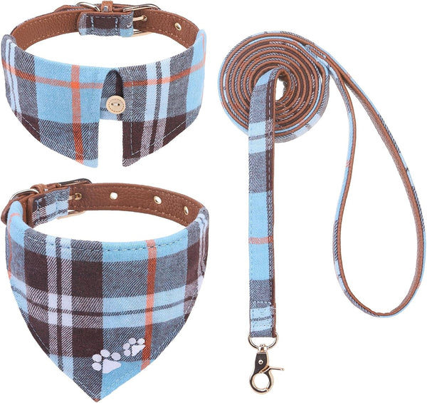 EXPAWLORER Puppy Collar and Leash Set - Embroidery Pawprints Plaid Dog Collar and Dog Leash Set, Bow Tie and Bandana Dog Collar with Bell, Cute Collar and Leash for Dogs Cats Outdoor Walking, Blue S17