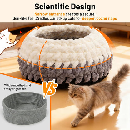 Handwoven Soft Cat Cave Bed, Indoor Cat Beds with Washable round Nest | Kitten House & Cat Furniture, White & Gray5