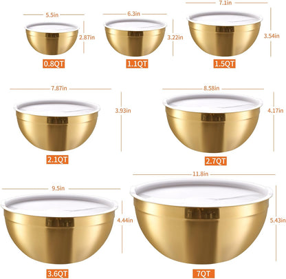 Gold Mixing Bowls with Airtight Lids, Stainless Steel Nesting Mixing Bowls Set of 7, Ideal for Baking, Prepping and Serving Food, Size 7, 3.6, 2.7, 2.1, 1.5, 1.1,0.8 QT, Stackable Design2