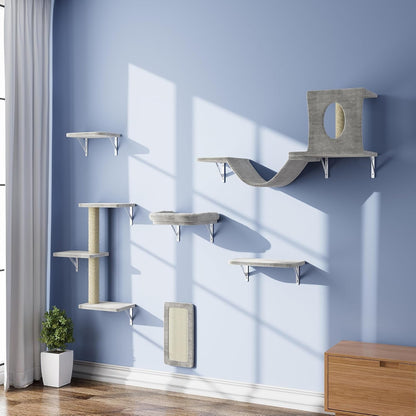 NUNU LAB Wall Mounted Cat Furniture Set - 6 Pcs Climber Set with House, Bridge, Steps, Scratcher Board - DIY Walls Playground, Indoor Cat Shelves - Gray1