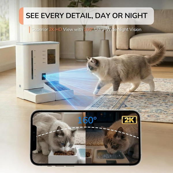 Ipettie Camera Automatic Cat Feeder and Water Dispenser, 5G/2.4Ghz Wifi | 2K HD Video, Night Vision, APP Scheduling & Alerts, 1 Filter Included, 300Oz Large Capacity for 2 Weeks, FW54 Camera Version3
