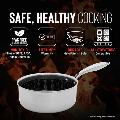 Hell’S Kitchen Hybrid 2.5 Qt Saucepan with Lid, Tri-Clad Stainless Steel, Pfas-Free Ceramic Nonstick, No PFOA, PTFE, Teflon, Non Toxic Cookware, Metal Utensil Resistant, All Cooktops and Oven Safe | Small Pot with Lid, Tri Clad Stainless Steel, PFAS Free Ceramic Nonstick, All Cooktops, Oven Safe2