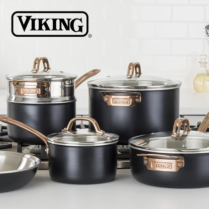 Viking 3 Ply Pots and Pans Set, 11 Piece Stainless Steel Kitchen Cookware with Glass Lids, Black with Copper6