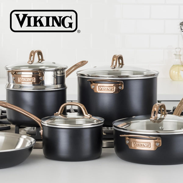 Viking 3 Ply Pots and Pans Set, 11 Piece Stainless Steel Kitchen Cookware with Glass Lids, Black with Copper6