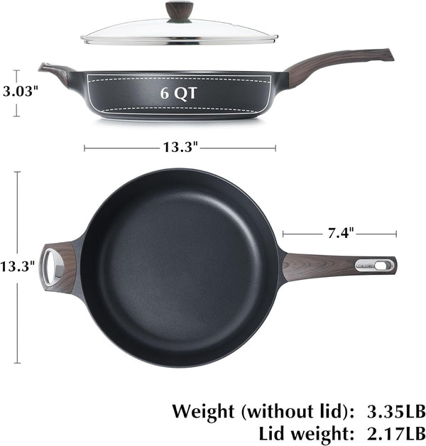 Nonstick Frying Pan Skillet with Lid, 13.3 Inch Large Deep Frying Pan, 6 Qt Non Stick Saute Pan with Cover, Induction Pan, Healthy Non Toxic Cooking Pan with Helper Handle, PFOA PFOS Free6