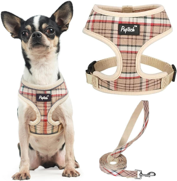 PUPTECK Soft Mesh Dog Harness Small Sized and Leash Set Pet Puppy Cat Comfort Padded Vest No Pull Harnesses, Beige, S92