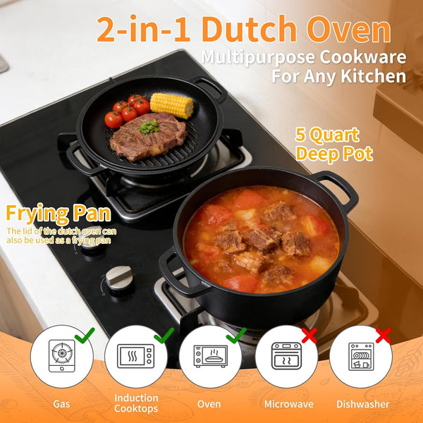 Pre-Seasoned Cast Iron Dutch Oven for Bread Baking - Incl. Sourdough Bread-Baking Supplies like Proofing Basket, 2-In-1 Dutch Oven Pot with Skillet Lid and Dual Handles, Sour Dough Tools, Lame, 5QT5