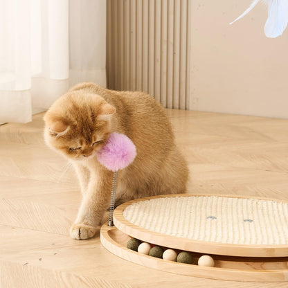 SHENGOCASE Cat Tree Scratching Post Scratcher, 26 Inch Tall, Solid Wood Base,Sisal Rope, Interactive Ball Track and Spinning Wand Feather Toys, Scratch Pad4