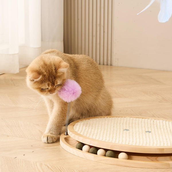 SHENGOCASE Cat Tree Scratching Post Scratcher, 26 Inch Tall, Solid Wood Base,Sisal Rope, Interactive Ball Track and Spinning Wand Feather Toys, Scratch Pad4