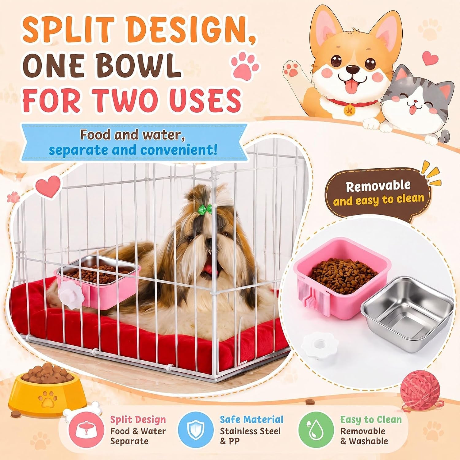 lemonroad-12-pcs-dog-crate-water-bowl-bulk-no-spill-hanging-for-kennel-removable-stainless-steel-puppy-food-water-feeding-bowls-cage-coop-cup-for-dogs-cats-rabbits-birds-ferretsquare-bowl