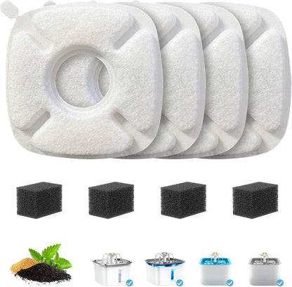 Cat Water Fountain Filter Pet Drinking Fountain Filter, Compatible with 67/95/135/85Oz Automatic Pet Dispenser, Triple Filtration Dog Fountain Filter, 4 Pack (4 Carbon Filters+4 Sponge Filters)1
