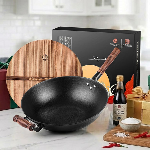 12.6 Inch Cast Iron Wok with Wooden Lid, Handcrafted Flat Bottom Chinese Stir Fry Pan, Uncoated Heavy-Duty Iron Wok for Induction, Gas, Electric & Ceramic Stoves | Uncoated Cast Iron Wok with Wood Lid for Induction, Gas and Electric Stoves; Season before Use.8