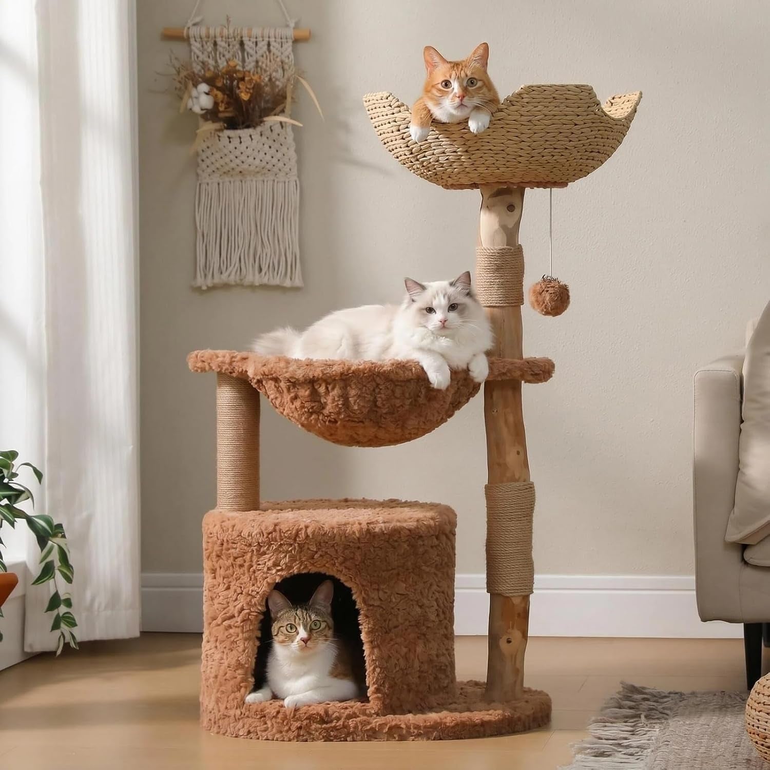 pawz-road-59-modern-cat-tree-natural-wood-cat-tower-for-large-cats-white-wicker-basket-bed-2-flower-perches-for-multi-cat-cat-tree-tower-with-large-condo-hammock-solid-wood-cat-tree-house